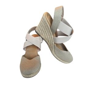 Miss me Gold Metallic Knit Espadrille Wedge Sdls Elastic Cross Str Wms Shoes New